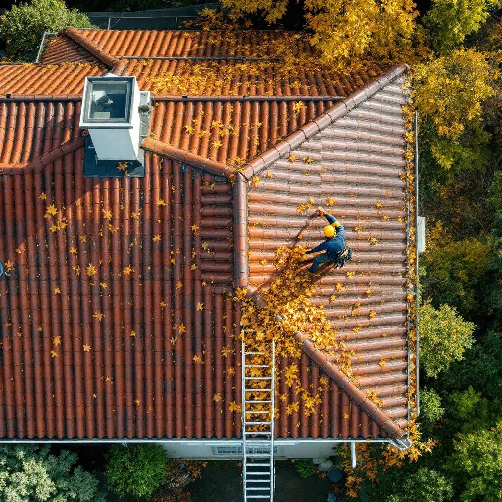 Vue aérienne d'un couvreur nettoyant les feuilles d'automne sur un toit en tuiles