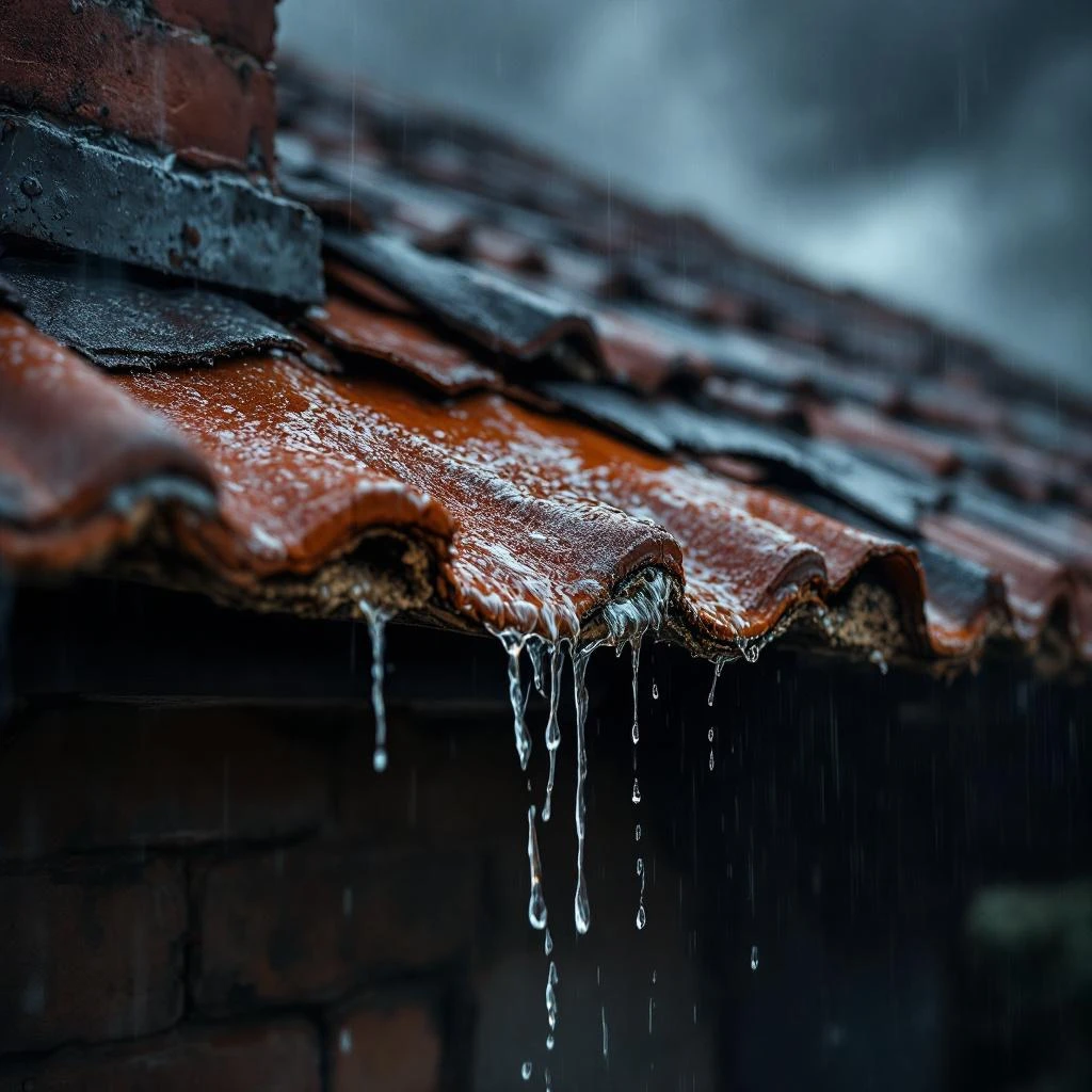 Fuite de toiture sous la pluie avec eau qui coule des tuiles endommagées