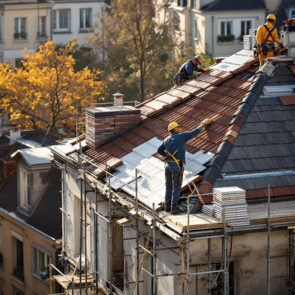 Ouvriers rénovant une toiture dans un quartier de Montreuil