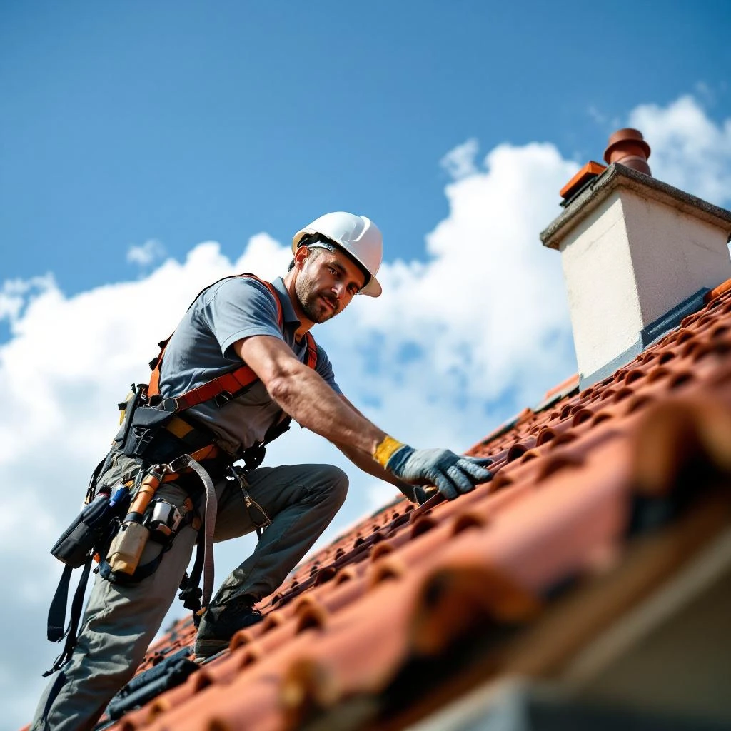 Couvreur professionnel posant des tuiles terracotta — E.W Couverture Montreuil